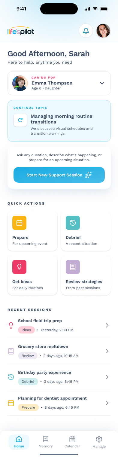 Life'sPilot app screen — caregiver supporting an autistic adult in the community