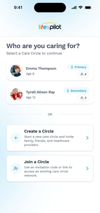 Life'sPilot app screen — family care circle planning autism support