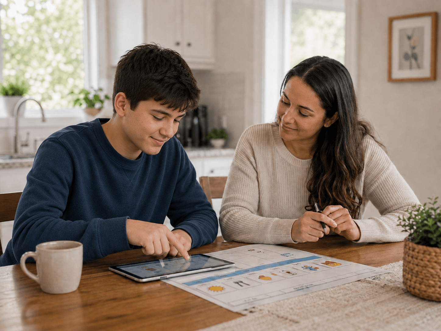 An autistic teen and a parent reviewing a visual schedule on a tablet at the kitchen table, between appointments